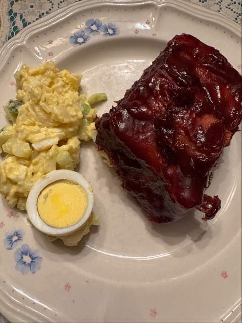 Sticky ribs and potato salad