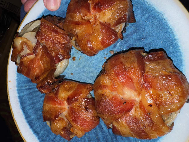 Bacon Wrapped Onion Burger with cheese inside